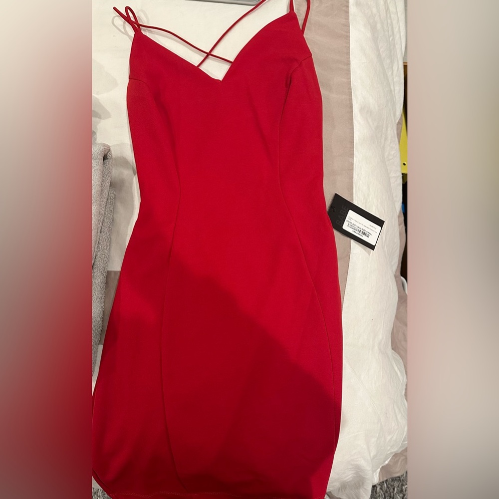 Red mini dress open back.
